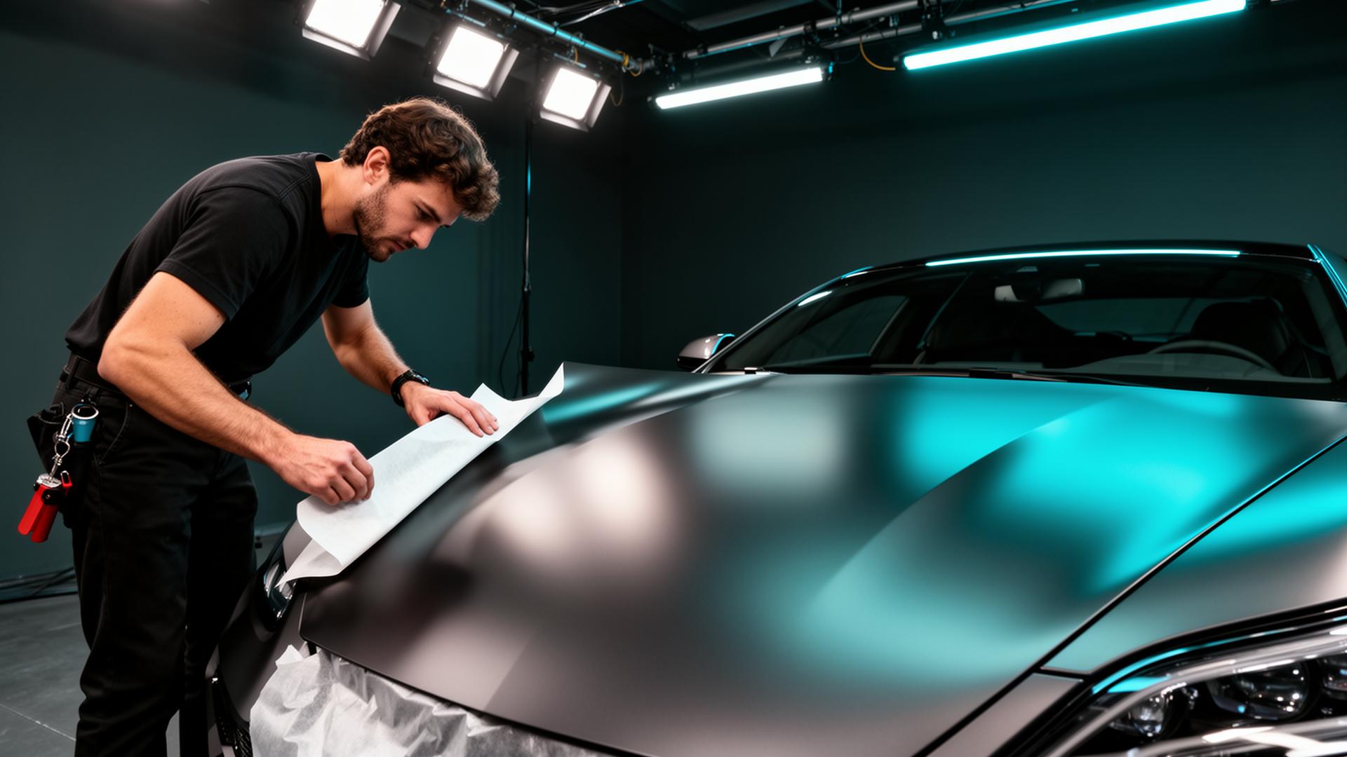 Vinyl wrap installer applying matte film to a sports car hood